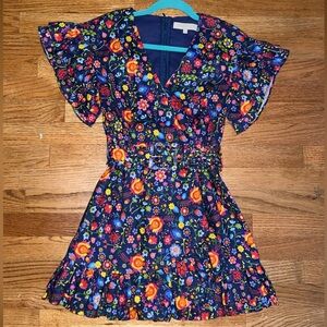 Paloma Blue Carrie Dress in Boho Navy Colorful Mini Dress Belted And V-Neck